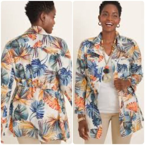 Chicos Tropical Palm Linen Jacket Tunic Women 16-18 XL Multicolor Utility Resort - Picture 2 of 16